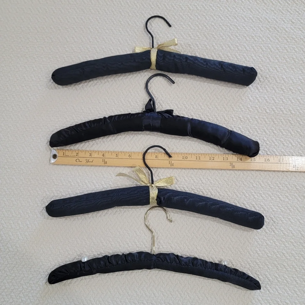 Set of Vintage Black Satin Padded Hangers with Gold And Pearl Accents